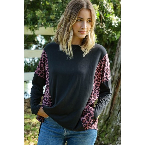 Leopard Print Color Block Dolman Loose Fit Top - Picture 8 of 10